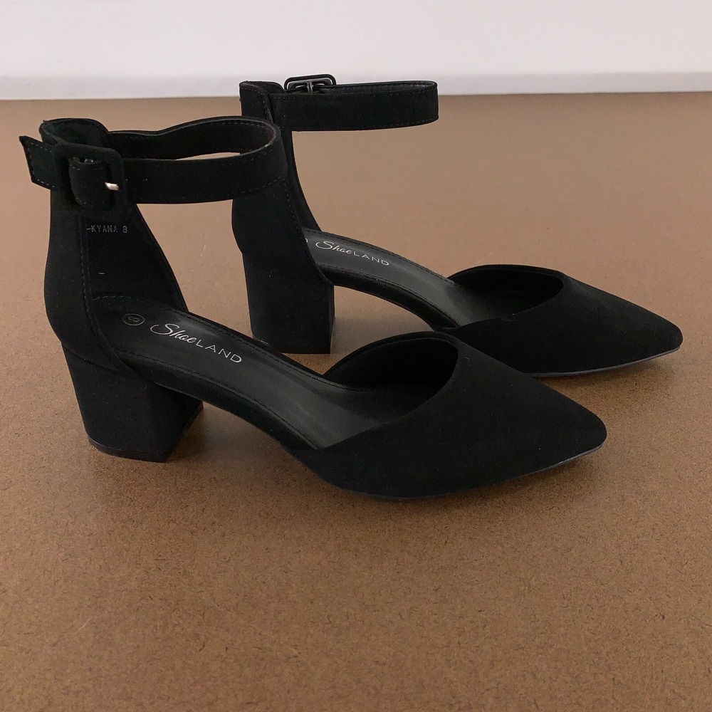 Shoeland Women's Size 8 Black Pointed Toe Ankle Strap 2" Block Heels New